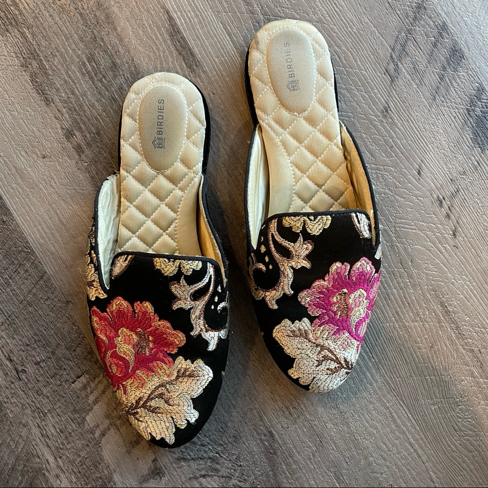 Birdies Black Embroidered Slides - Phoebe - Size 8.5 (Fair)